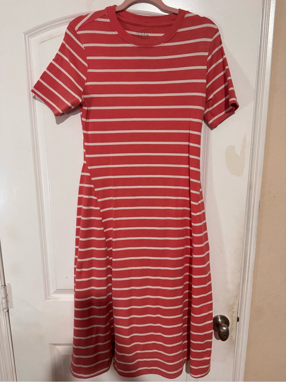Time and Tru Coral Red & White Striped Maxi Dress